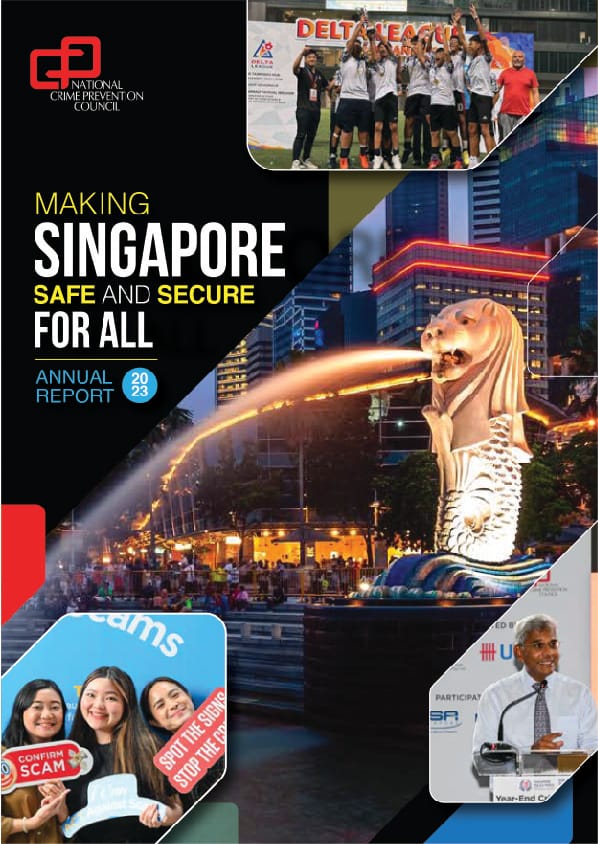 A cover design featuring a nighttime cityscape centered around the Merlion statue, framed by photo inserts showing a group celebrating a Delta League event, people holding anti-scam campaign signs ("Confirm Scam", "Spot the Signs Stop the Crime"), and a speaker at a podium, with the official NCPC logo at the top left.